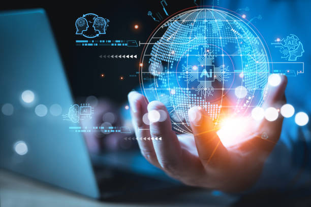 istock Hand holding virtual Global Internet connection with A.I. Artificial Intelligence. Business global internet connection application technology, Digital link tech, big data. Future concept. 1471546134