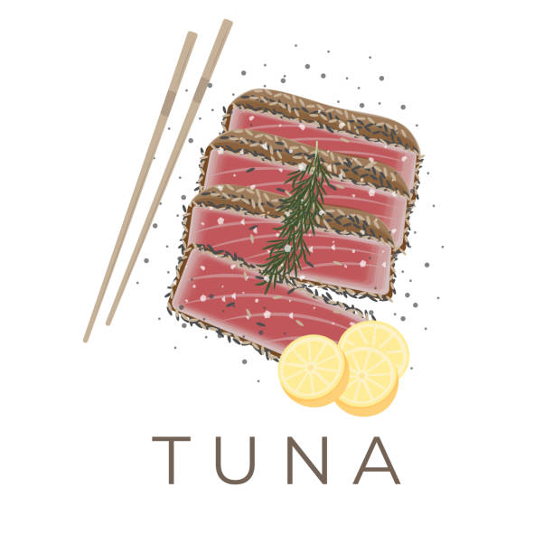 vektorillustration logo von thunfisch tataki ahi thunfisch oder frisches thunfischfleisch mit sesam bedeckt und mit essstäbchen gegessen - tuna prepared ahi tuna steak seared stock-grafiken, -clipart, -cartoons und -symbole