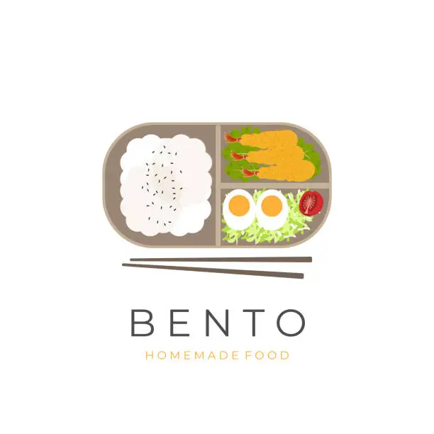 Vector illustration of Wooden Lunch Box Bento Vector Illustration With Filled Tempura Ebi Furai Rice And Fresh Vegetables