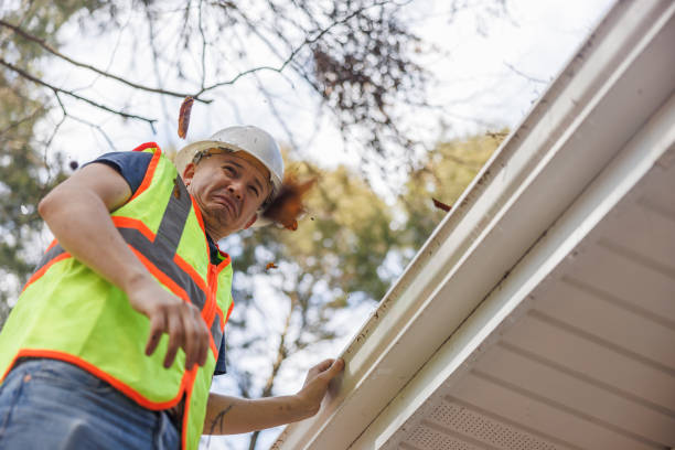 istock Worker is removing autumn leaves from gutter with disgust. Focus on the foreground with defocused background. 1471550084
