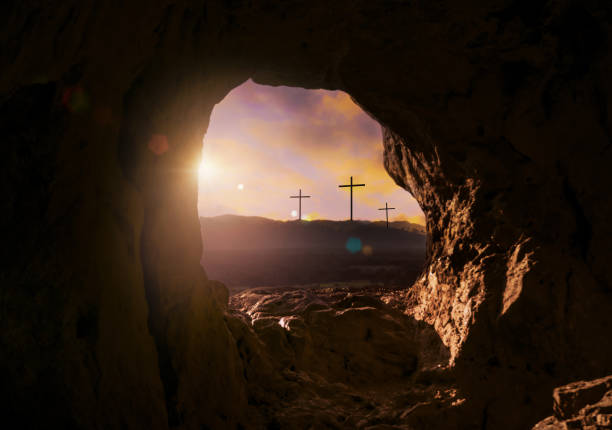 Easter, Jesus Christ, Tomb, Resurrection - Religion, Religious Cross Tomb Empty With Shroud And Crucifixion At Sunrise - Resurrection Of Jesus Christ empty tomb jesus stock pictures, royalty-free photos & images