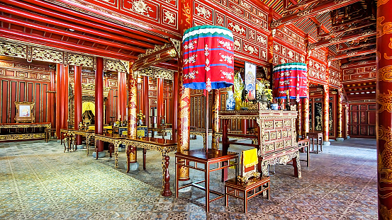 Hue, Vietnam - March 19, 2022 : Inside Ngung Hy Temple In Dong Khanh Mausoleum Complex. Dong Khanh Emperor Was The 9th Emperor Of The Nguyen Dynasty Of Vietnam.