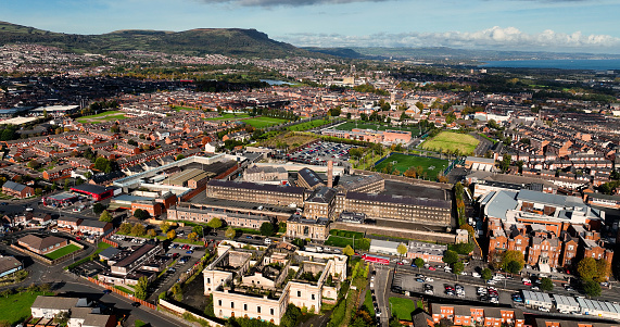 Aerial Photo of Crumlin Road Gaol Jail Visitor Attraction and Conference Centre Belfast City Cityscape Northern Ireland