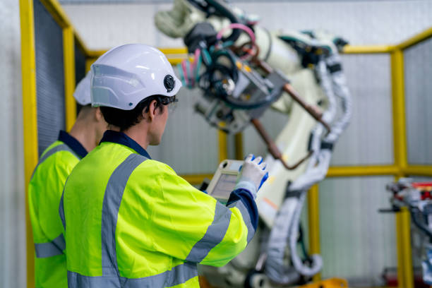 istock Close up and back of professional technician or engineer use controller to work with factory robotic arm machine in workplace. 1471554361