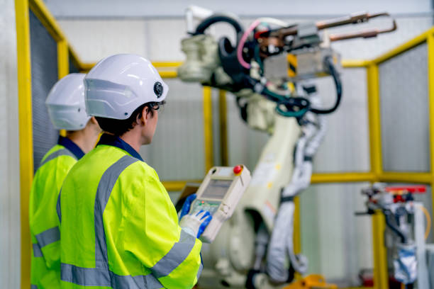 istock Back of professional technician or engineer use controller to work with factory robotic arm machine in workplace. 1471554369