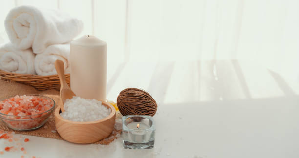 istock Spa accessory composition set in day spa hotel , beauty wellness center 1471557338