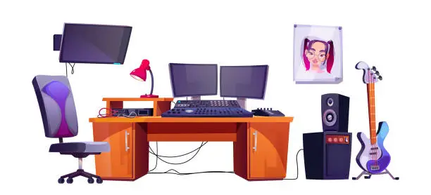 Vector illustration of Music studio room equipment set, record producer