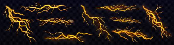 ilustrações de stock, clip art, desenhos animados e ícones de set yellow lightning, electric thunderbolt strike - black background flash
