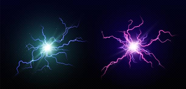 ilustrações de stock, clip art, desenhos animados e ícones de electric balls, round lightning, blue thunderbolts - black background flash