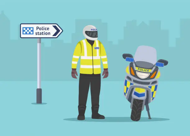 Vector illustration of Isolated european motorcycle police officer stands beside the motorbike.
