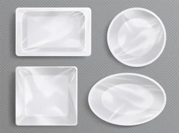 Vector illustration of White plastic trays, package with clear film