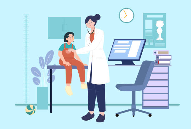 illustrazioni stock, clip art, cartoni animati e icone di tendenza di checkup presso il medico dei bambini. il pediatra tratta la ragazza. bambino presso l'ufficio pediatra o otorinolaringoiatra. - ambulatorio medico