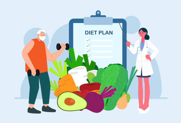 의사는 노인을위한 영양 다이어트 계획을 권장합니다. 건강 식품 및 다이어트 계획. 체중 감량 개념. 깨끗한 과일과 채소와 함께 먹기 - nutritional stock illustrations