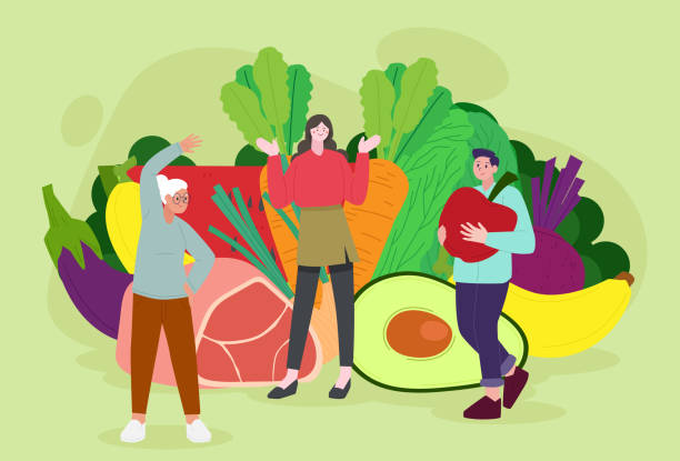 영양사는 노인을위한 영양 다이어트 계획을 권장합니다. 건강 식품 및 다이어트 계획. 체중 감량 개념. 깨끗한 과일과 채소와 함께 먹기 - nutritional stock illustrations