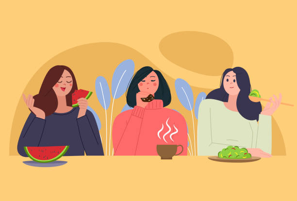 illustrazioni stock, clip art, cartoni animati e icone di tendenza di 3 giovani donne che mangiano cibo sano insieme felicemente, anguria, tè, verdure - breakfast salad leaf vegetable