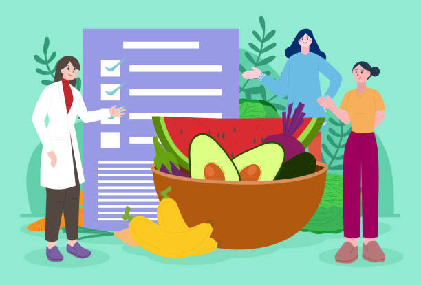 영양사는 노인을위한 영양 다이어트 계획을 권장합니다. 건강 식품 및 다이어트 계획. 체중 감량 개념. 깨끗한 과일과 채소와 함께 먹기 - nutritional stock illustrations