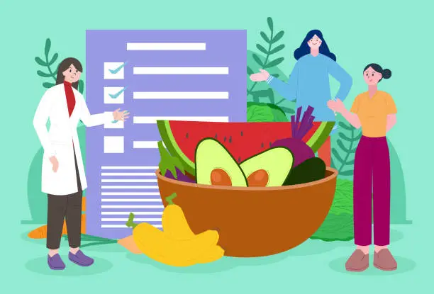 Vector illustration of The dietitian recommends a nutritional diet plan for the elderly. Healthy food and Diet planning. Weight loss concept. eating with clean fruits and vegetables