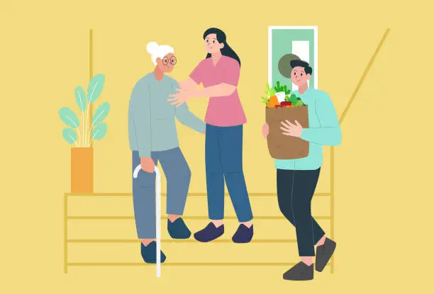 Vector illustration of Son and daughter Taking care of his elderly and weak mother at home.