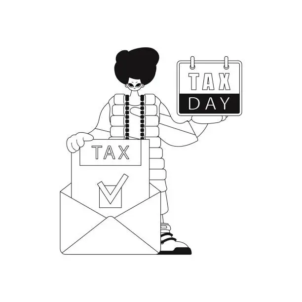 Vector illustration of He clasps a cal. and letter showing taxes. Linear style, vector illus.