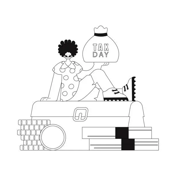 Vector illustration of Guy sits on pile of money, holds bag. It's Tax Day. Drawn in linear style, vector illustration.