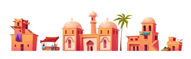 Vector illustration of Arab city buildings, islamic town houses, castle