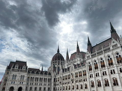 Marble building of the Hungarian Parliament against a cloudy sky. High quality photo