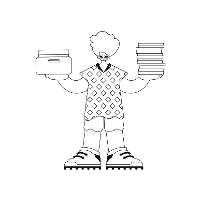 Man holds stacks of papers in linear vector illustration.