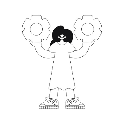 Girl holds gears in hands. Linear illustration in vector.