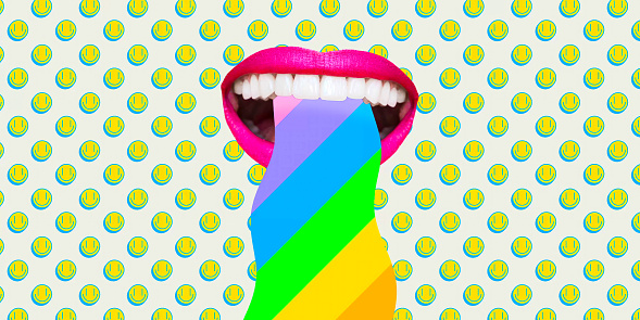 Contemporary digital collage art. Modern trippy design. Mouth and rainbow