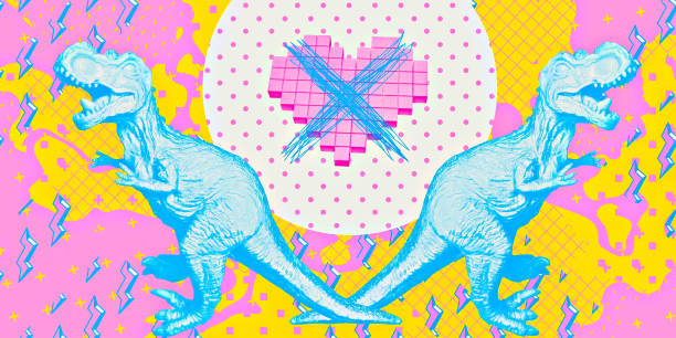 istock Contemporary digital collage art. Modern trippy design. Dinosaurs difficult relationships 1471571429