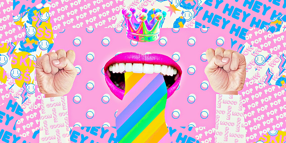Collage in magazine style with colorful emotional crazy girl in sunglasses scream with rock sign on pink background