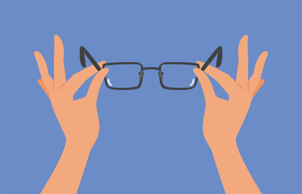 Hands Holding Prescription Eyeglasses Eye Care Vector Concept Illustration Person using glasses for myopia correction after prescription reading glasses stock illustrations