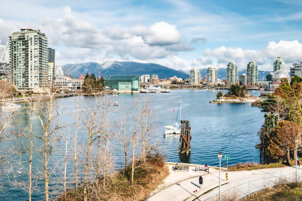 Touristic waterfront city panorama on a sunny winter day.