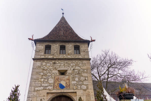 Laufen Castle with stone tower on a hill at famous Rhine Falls on a foggy winter day. Photo taken February 16th, 2023, Laufen-Uhrwiesen, Switzerland.