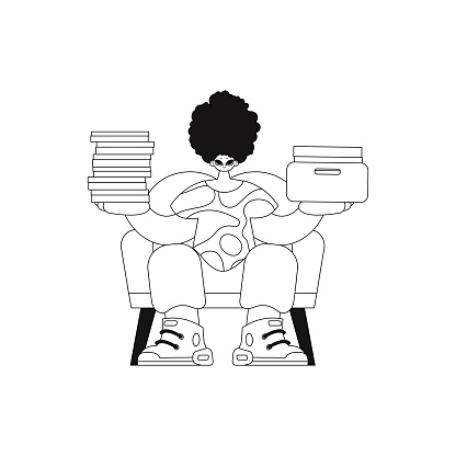 Guy holds piles of docs in linear style, vector illustration.