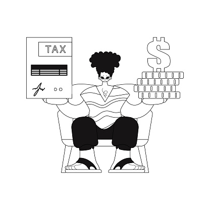 The guy holds a tax return and a pile of coins in his hands. Vector image.
