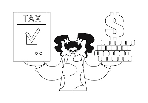 Girl holds tax return and stack of coins in their hands, depicted in a linear style illustration.