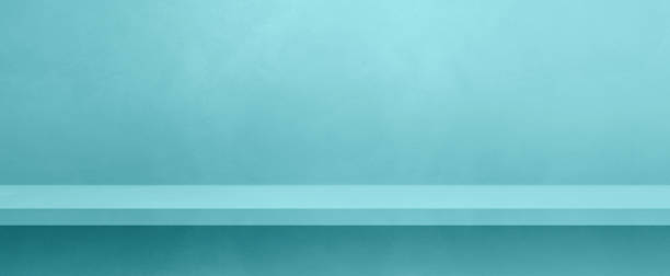 istock Empty shelf on an aqua blue concrete wall. Background template. Horizontal banner mockup 1471578275