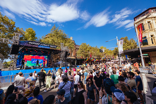 SYDNEY, AUSTRALIA - MARCH 5: Atmosphere at Oxford St Pride Village during Sydney WorldPride in Darlinghurst, Sydney, New South Wales, Australia on March 5th 2023.