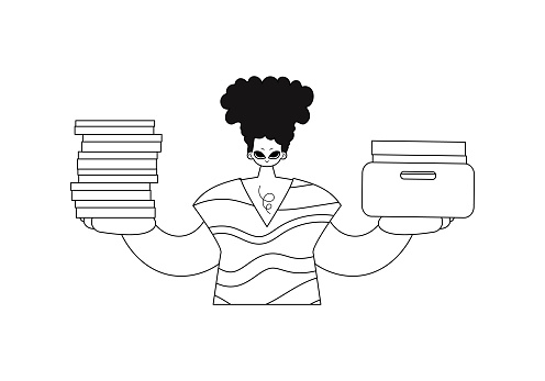 Guy with stacks of papers in linear styling. Vector illustration.