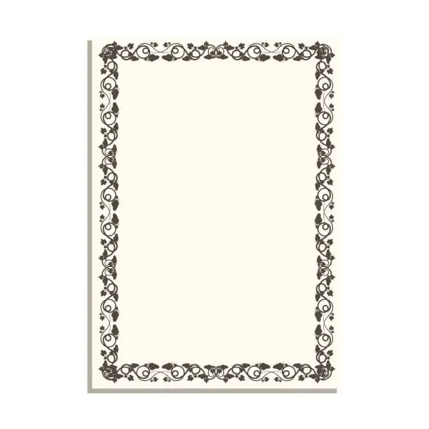 Vector illustration of Frame with vines and leaves for decorative design of book pages, diplomas and certificates in A4 format. Minimalistic vector isolated on white