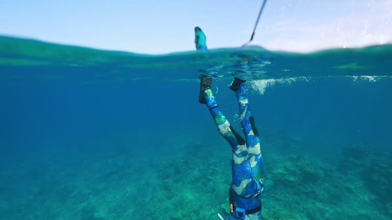 Diver with a spear gun and swim fins diving below the surface in clear open blue water