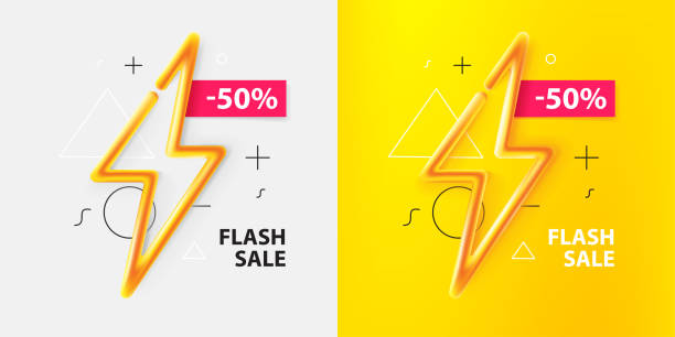 Vector flash sale banner. Vivid neon lightning bolt on yellow and white background. 80s Memphis retro style illustration. Vector illustration for Cyber Monday, Black Friday advertising pages. thunder bolt 3d stock illustrations