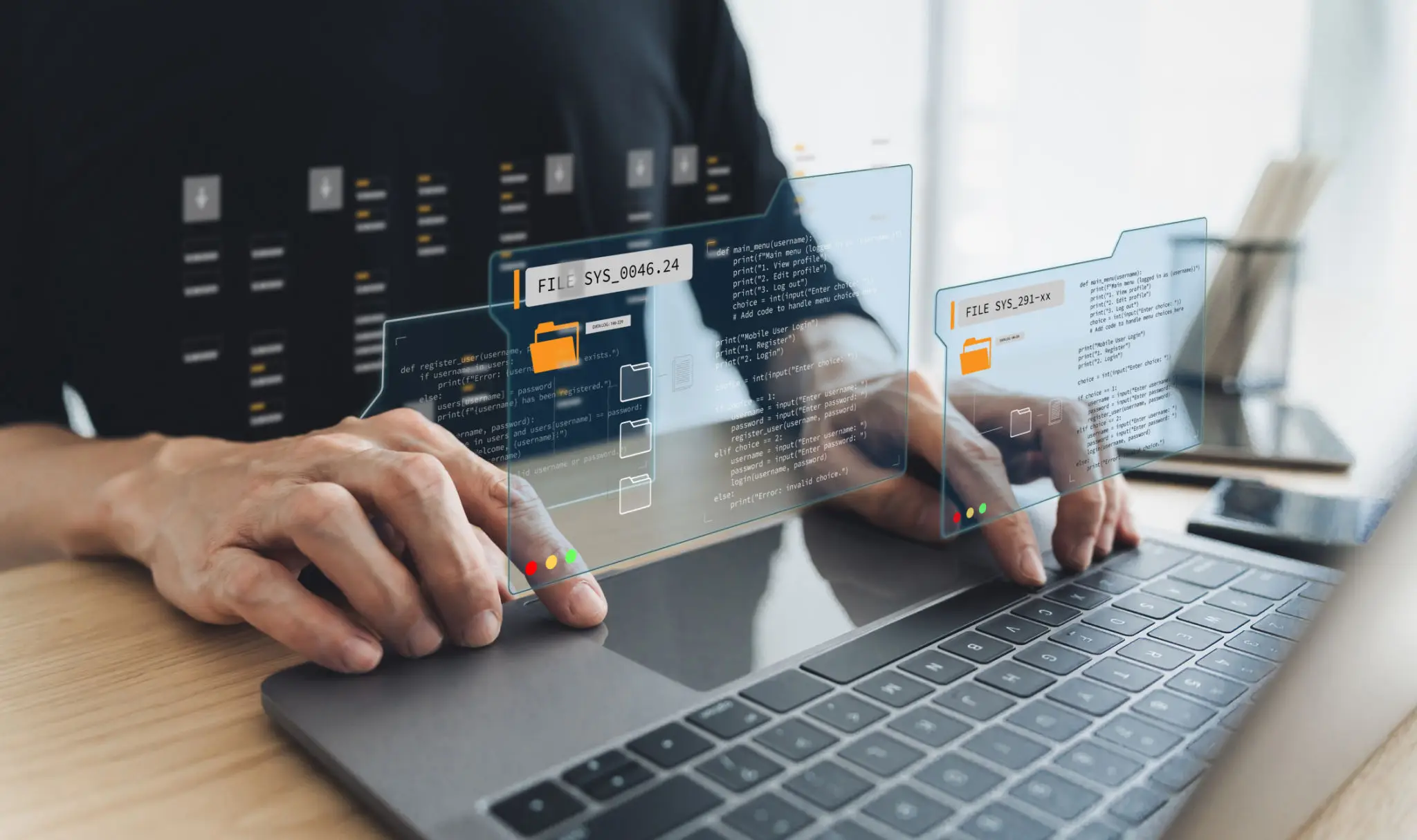 컴퓨터와 파이썬으로 배우는 언어 프로그래밍 2 Software developer or programmer coding program with laptop. Create Intelligence innovation. Computer programming, development software engineer and architecture, digital data technology management,
