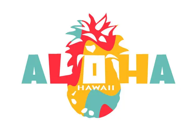 Vector illustration of Aloha Hawaii tropical vacation concept. Aloha Hawaii summer beach party poster with colorful pineapple on isolated white background.