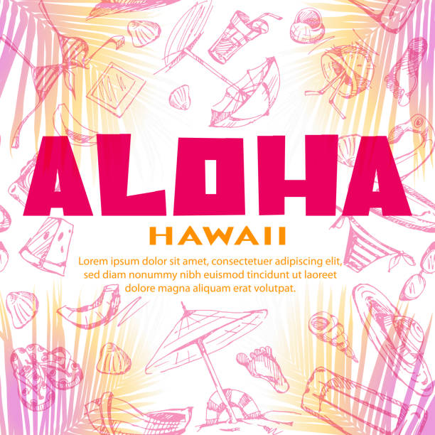 알로하 하와��이 열대 휴가 개념. 알로하 하와이 여름 해변 파티 포스터는 자유형 그림이 있는 야자수 그늘에 흰색 배경에 있습니다. - text surfing surf palm tree stock illustrations