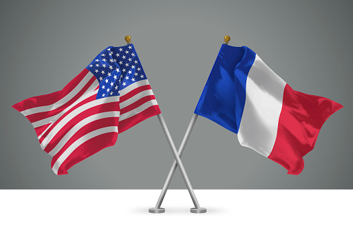 3D illustration of Two Wavy Crossed Flags of United States of America and France, Sign of American and French Relationships