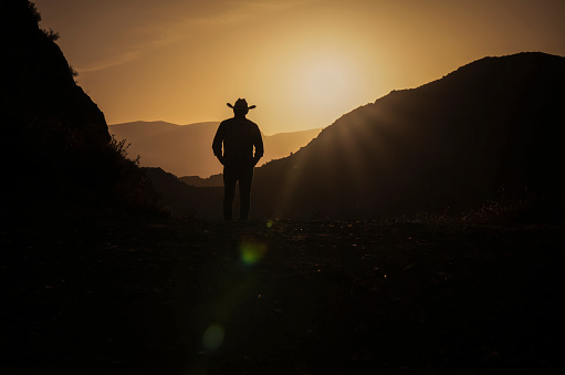 Silueta de hombre adulto con sombrero de vaquero contra la montaña y el cielo durante la puesta de sol photo