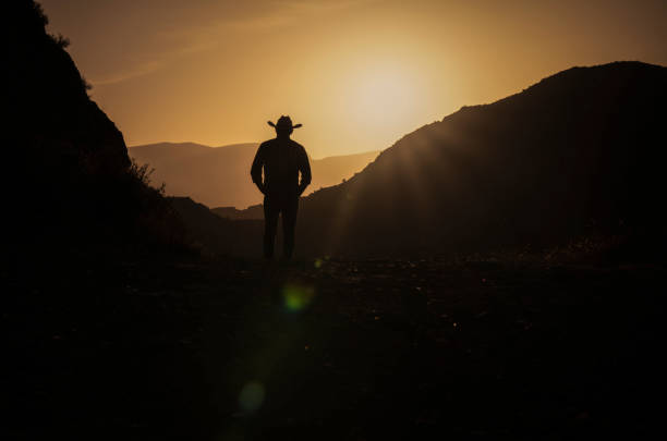 日没時に山と空を背景にカウボーイハットをかぶった成人男性のシルエット - western culture ストックフォトと画像