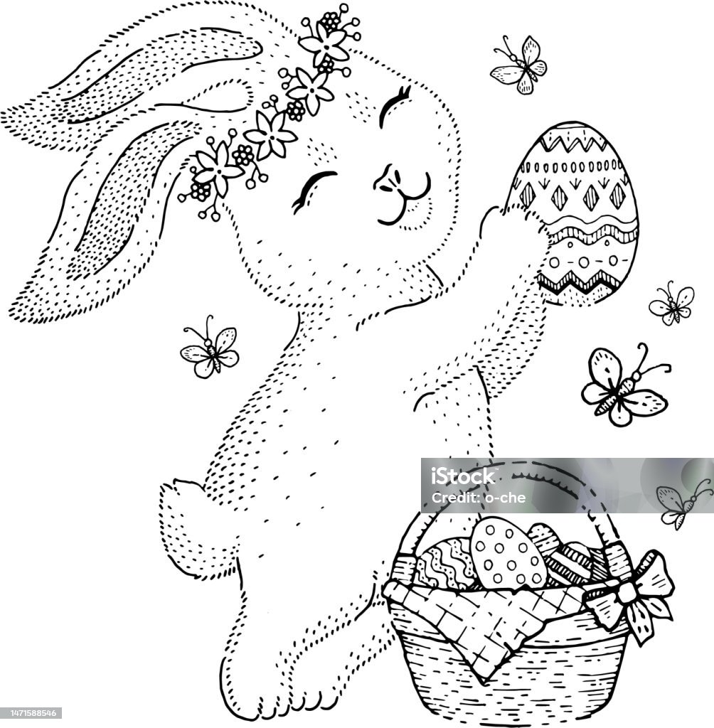 Easter vintage bunny vector. Rabbit with farm basket and Easter egg on white background. Sketch spring cartoon. Cute bunny rabbit and egg. Doodle drawing. Cute funny baby animal character. Holiday art - Royaltyfri Gammaldags vektorgrafik